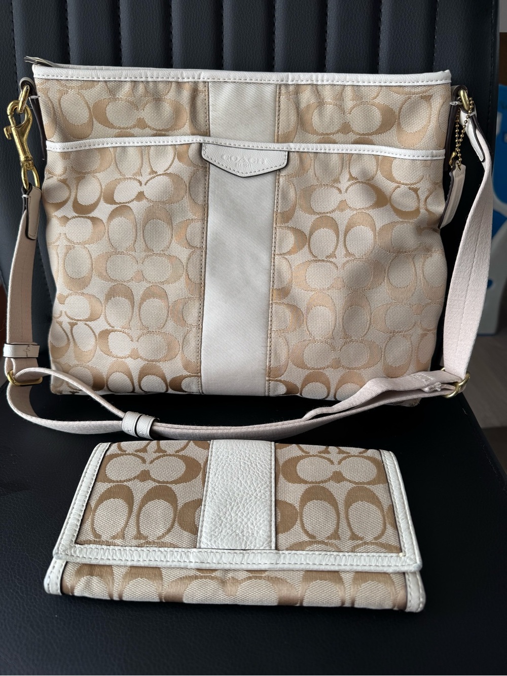Coach Beige & Chalk Signature Stripe Crossbody with Matching Wallet
